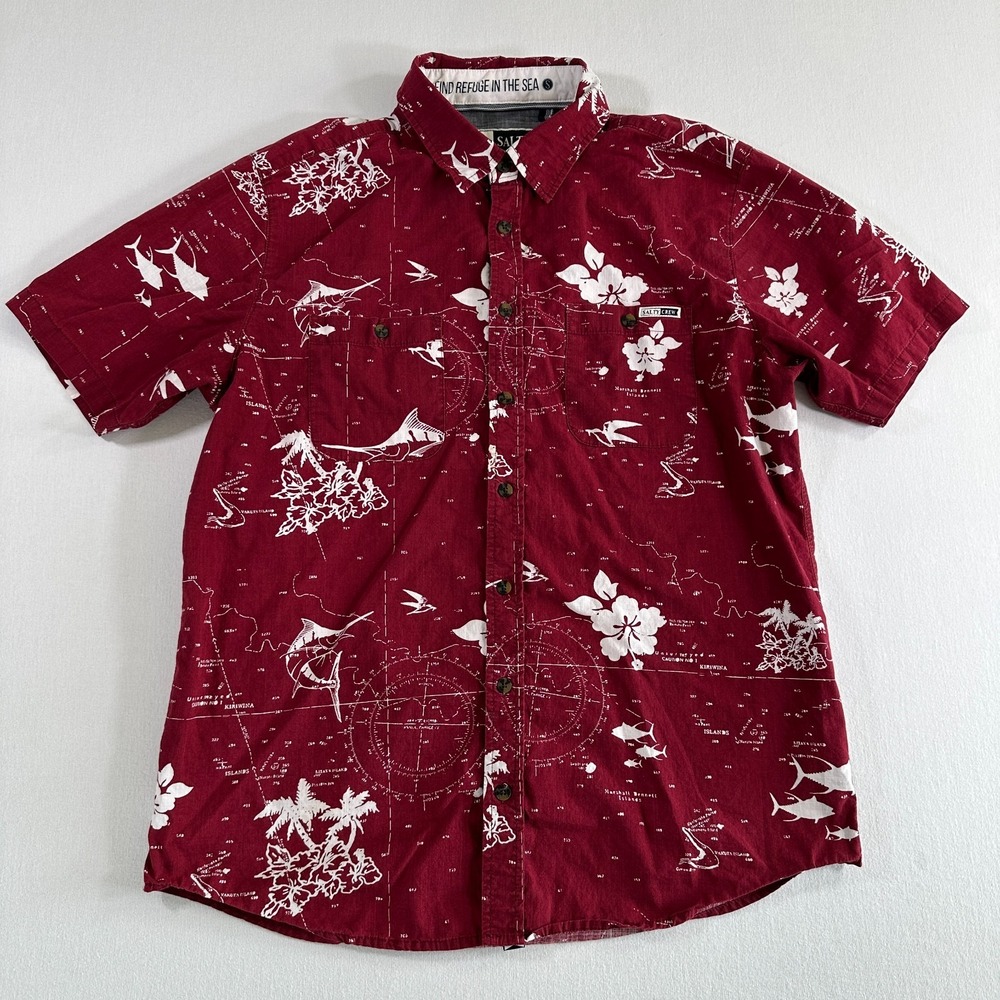 Salty Crew Mens Island Shirt Maroon Map Print Polo Size M Pocket Tee